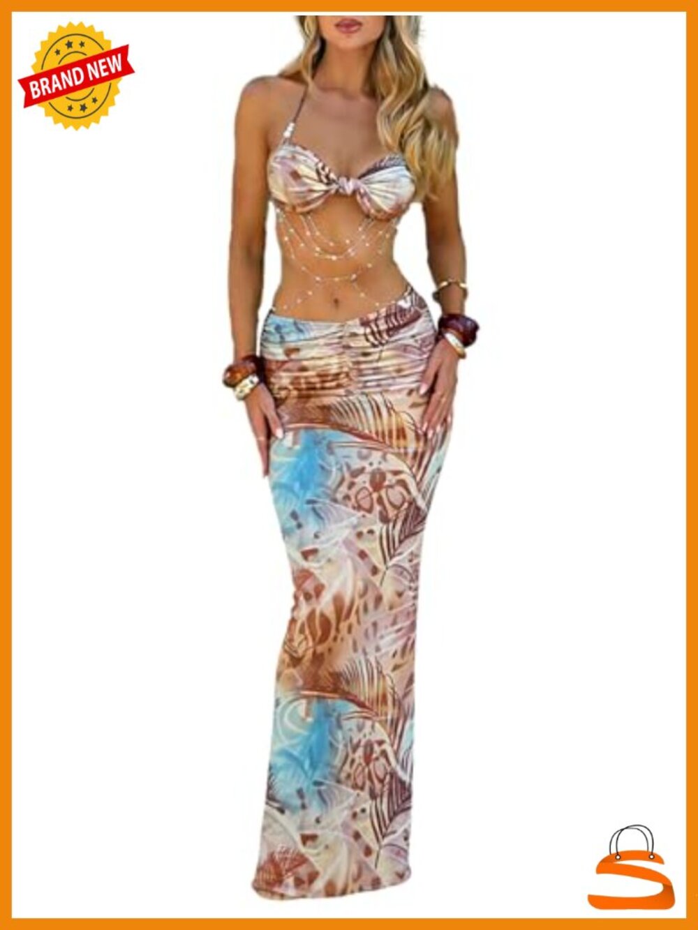 Two Piece Maxi Skirt Set Ruched Backless Crop Top Cut Out Skirt Women's Summer